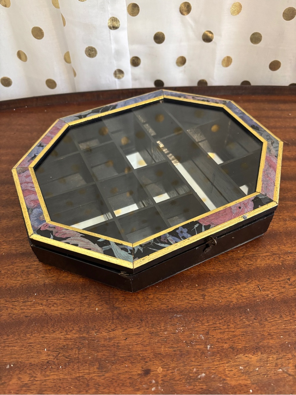 Vintage 80s Octagonal Black Trinket Display Wall Shelf Mirrored Floral Glass